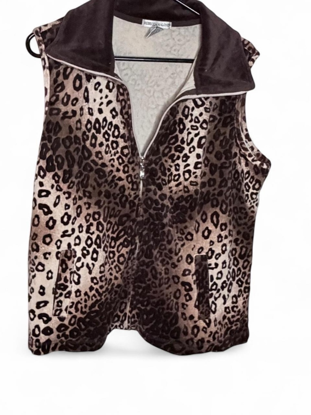 Vintage Y2K Rebecca Malone Brown Leopard-Trim Sleeveless Vest